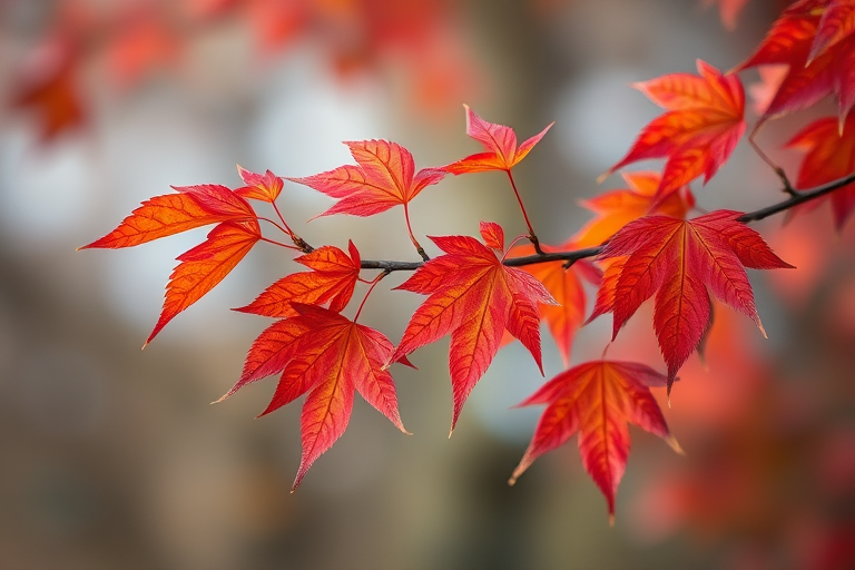 Regenerate an image of vibrant red and orange autumn leaves on a branch, captured with a Canon EOS R5, 50mm lens, f/2.8 aperture, ISO 100, shallow depth of field, soft focus background.