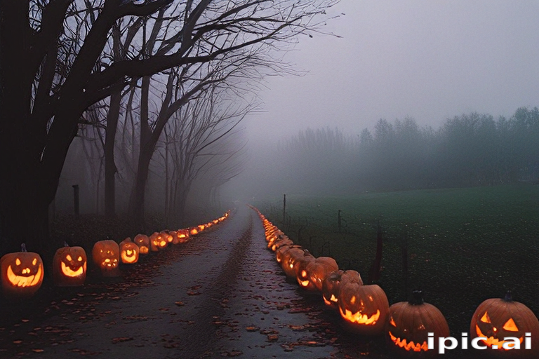 Spooky Halloween Night: A Foggy Path Lined with Glowing Jack-o'-Lanterns