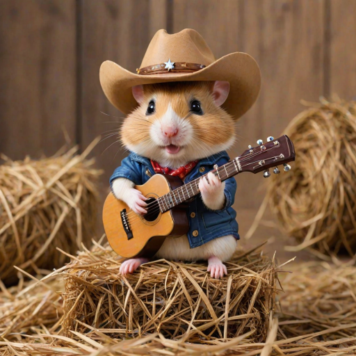 A chibi hamster, dressed as a cowboy, playing guitar, sitting on a hay bale