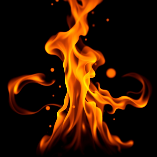 Create an abstract image of swirling flames and glowing orbs in vibrant orange and yellow colors against a dark background, with a Canon EOS 5D Mark IV, f/8 aperture, ISO 100, 24mm lens, shot from a low angle for dramatic effect.