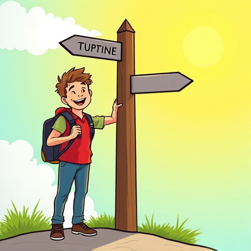 Generate a colorful illustration of a cheerful traveler standing beside a signpost, pointing in opposite directions with a bright sun in the background, using a digital camera with a depth of field of f/4, ISO 100, with a wide-angle lens, shot in a vibrant cartoon style to enhance the image quality.