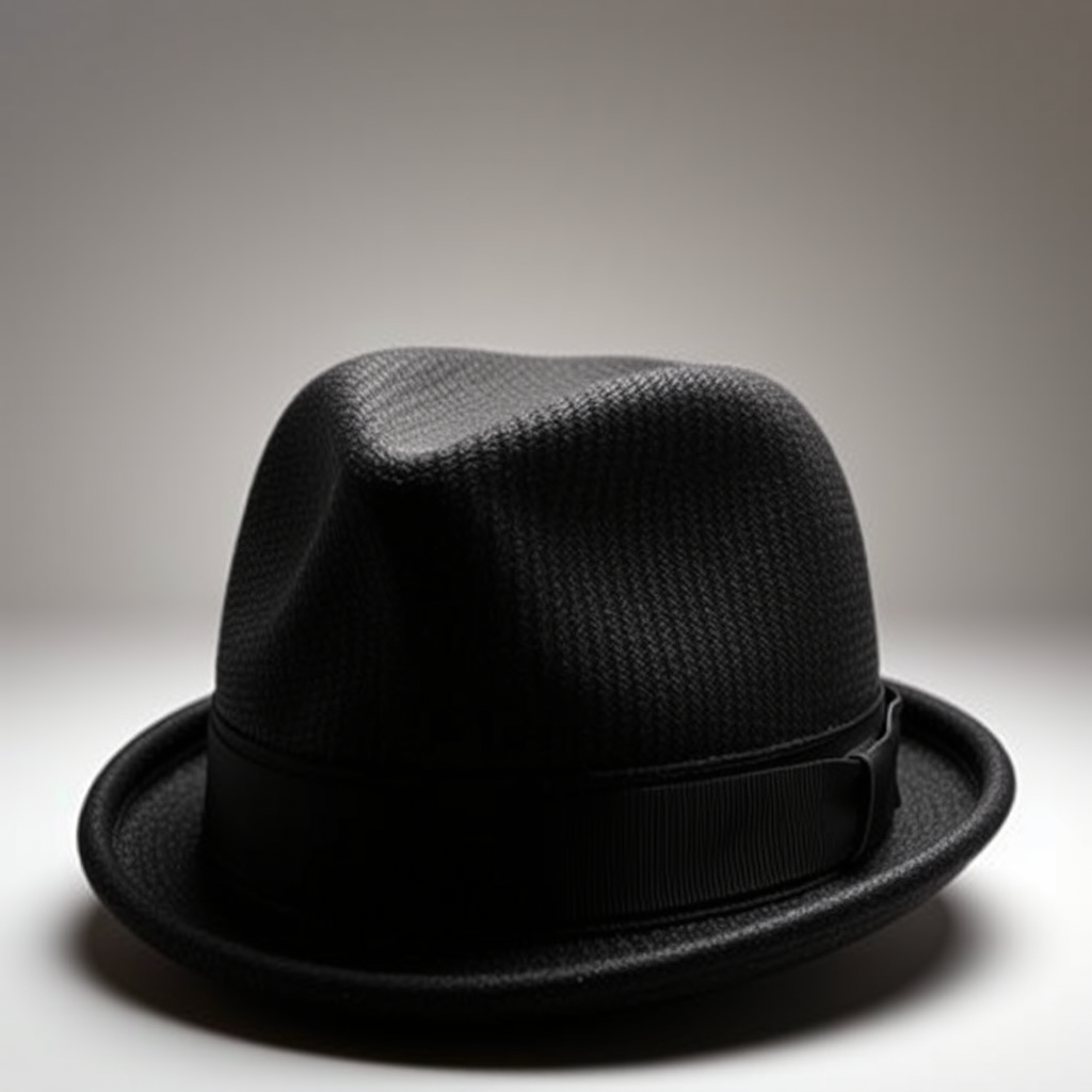 Create a highly detailed and realistic rendering of a classic bowler hat, in a well-lit studio setting with soft shadows, using a DSLR camera with a 50mm lens at f/1.8, ISO 100, and a shutter speed of 1/125s, capturing a close-up view to emphasize texture and shine.
