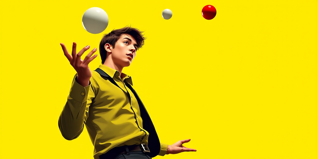 Create an illustration of a juggler in a vibrant yellow background, capturing a dynamic pose with one ball on the chin and juggling props in hand, using a 50mm lens, f/2.8 aperture, with a shallow depth of field to emphasize the subject while blurring the background, shot from a low angle for dramatic effect, in a digital vector art style.