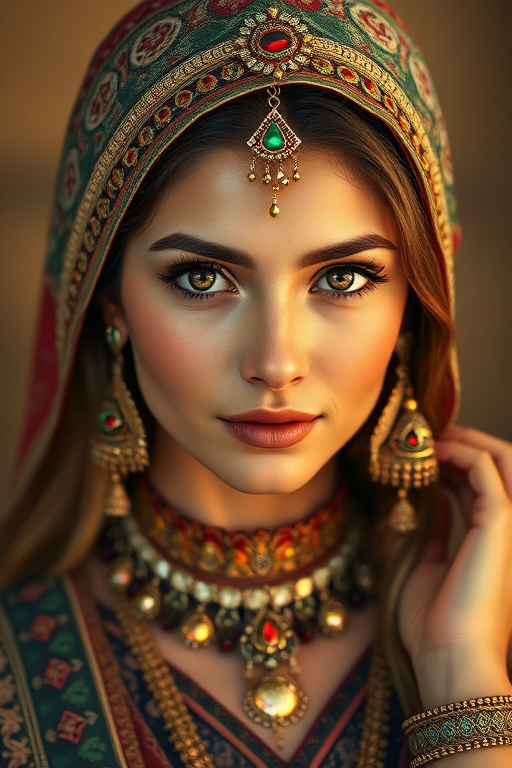 Create a portrait of a beautiful woman with striking hazel eyes and a gentle expression. She is adorned in traditional attire with intricate patterns, including a richly embroidered headscarf and matching garments. Her jewelry includes a delicate headpiece, dangling earrings, and ornate bracelets, all featuring vibrant gemstones and detailed metalwork. The background is soft and warm, enhancing the rich colors of her outfit and jewelry.