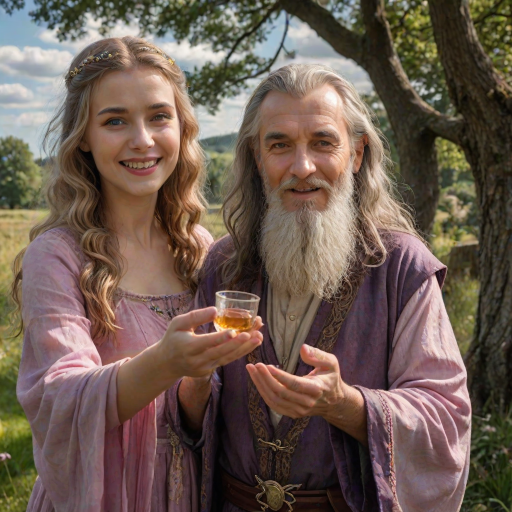 Create a super realistic photo portrait of the sorceress Nimue enthralling the old long haired and bearded magician Merlin with the scent of a magic perfume-potion. Merlin's senses are blurred and he has a happy smile on his face like that of a slightly drunken man. Nimue is standing opposite of Merlin facing him. She is holding out the potion with both hands towards Merlin's nose. A visual depiction of the pink scent soflty creeps into Merlin's nostrils. The picture is set in front of a typical British landscape with grass, a dry stone wall and old and big trees. Cloudy skies with sun-rays braking through giving the picture a soft and romantic tone. HDRI, 8k,V-Ray render