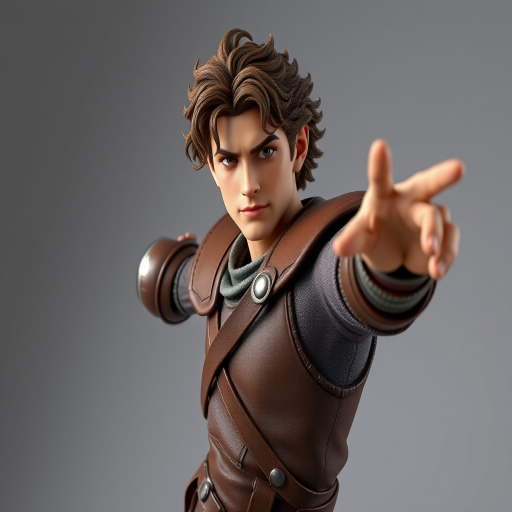 A highly detailed 3D model of a male character with curly hair, wearing brown leather armor, striking a dynamic pose as he points, captured in a studio setting with a Canon EOS R5, 85mm lens, f/1.8 aperture, ISO 100, softbox lighting for sharp contrast and high definition.
