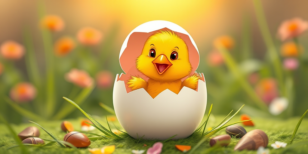 Generate a vibrant, high-resolution cartoon image of a chick breaking out of an egg, with a whimsical style, using a Canon EOS R5 camera, aperture set to f/4, ISO 100, at a 50mm focal length, capturing a playful perspective.