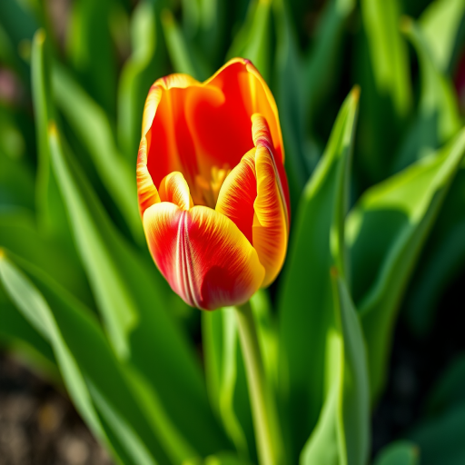Create a vibrant and detailed illustration of a tulip with a smooth gradient from yellow to red on the petals, complemented by lush green leaves, using a Canon EOS 5D Mark IV, 50mm lens, f/2.8 aperture, 1/200s shutter speed, and natural lighting for enhanced image quality.