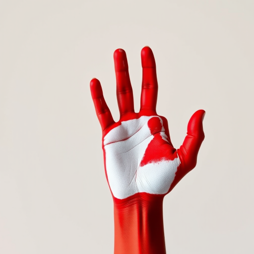 Generate an image of a human hand painted in red and white colors, held up against a plain background, shot with a Canon EOS 5D Mark IV, 50mm lens, f/4 aperture, ISO 100, in natural light for enhanced detail and color vibrancy.