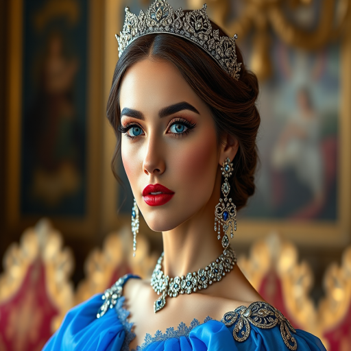 A gorgeous Kyrgyz woman in a luxurious blue gown, accessorized with a dazzling tiara and statement earrings, her deep blue eyes highlighted by impeccable makeup, poised in a royal setting, photorealistic, 8K quality