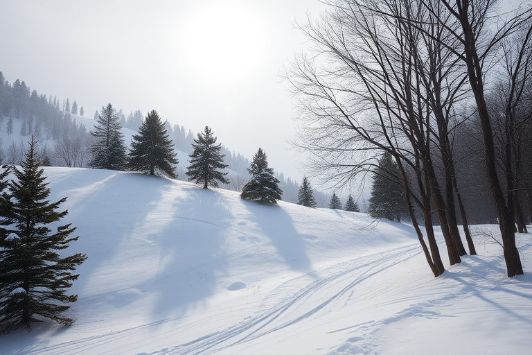 Create a serene winter landscape with a snowy hill, pine trees, and bare trees under a bright sun, capturing a gentle snowfall, shot with a DSLR camera at f/8 aperture, 1/250 sec shutter speed, ISO 100, wide-angle lens, high-resolution quality, soft focus background for depth.