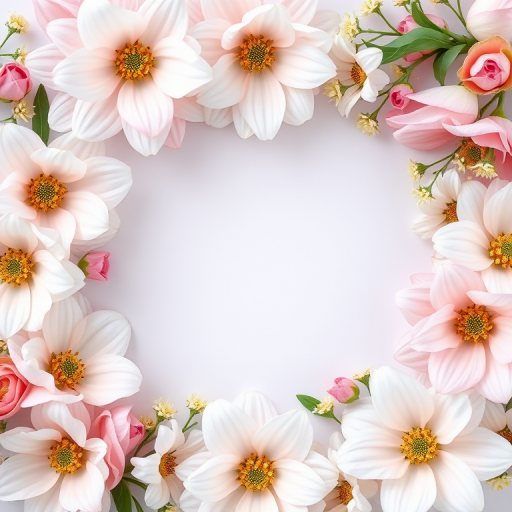 Create a floral frame design featuring soft pastel colors with a white rectangular center, using a macro lens, 50mm aperture at f/2.8, soft natural lighting, shot from a slightly elevated angle with a DSLR camera for enhanced details and clarity.