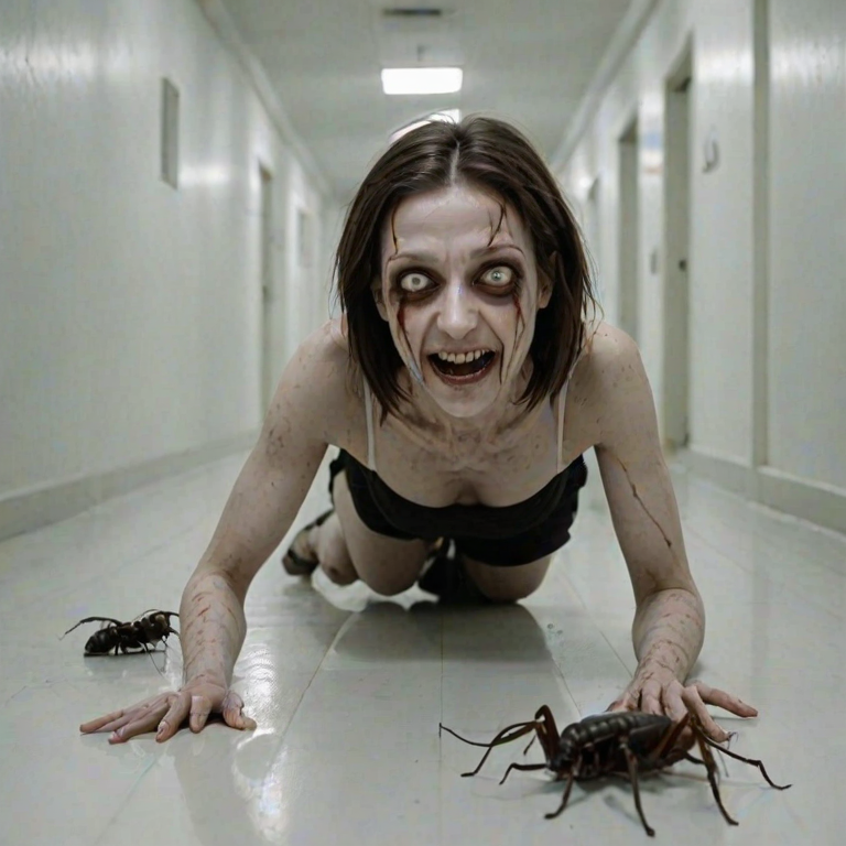 a crooked female with long arms and a creepy smile is crawling along a long white corridor and you can also see cockroaches in it there is a creepy atmosphere creepy art style