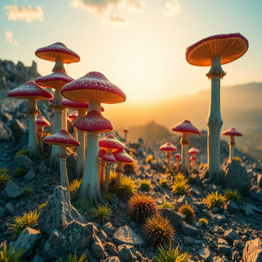 Generate a vibrant alien landscape featuring towering, colorful mushroom-like plants in a surreal environment with rocky terrain, golden lighting, and distant mountains, captured with a Canon EOS R5, 24mm lens, aperture f/8, ISO 100, shot from a low angle to emphasize foreground detail and depth of field.