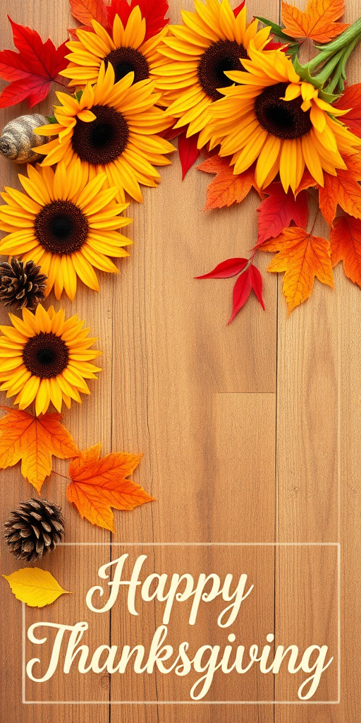Create a warm and festive autumn scene featuring a wooden background adorned with sunflowers red and orange leaves and pine cones include the text Happy Thanksgiving in a stylish cursive font