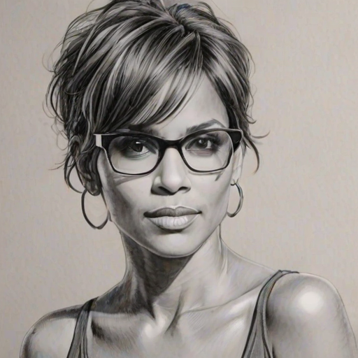 Fetching Halle Berry, pencil sketch, portrait of Fascinating woman 1932s in glasses, hair style beatnik, outline, clear lines, fine lines, 8k