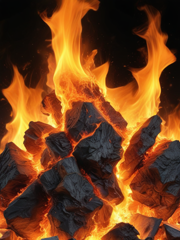 Intense Flames Dancing Vividly Above a Pile of Glowing Charcoal Rocks