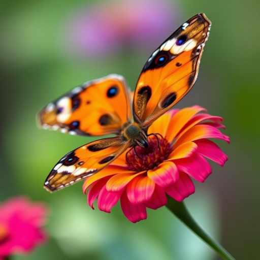 Generate an image of a butterfly perched on a vibrant flower. The butterfly should have striking orange and black wings with eye-like patterns. The background should be softly blurred with hints of green and purple, creating a serene outdoor atmosphere.