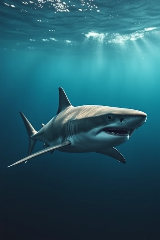 create a high-resolution image of a shark swimming gracefully in an ocean setting, camera settings: ISO 100, aperture f/8, shutter speed 1/250s, camera view: side profile, camera style: realistic, camera type: DSLR