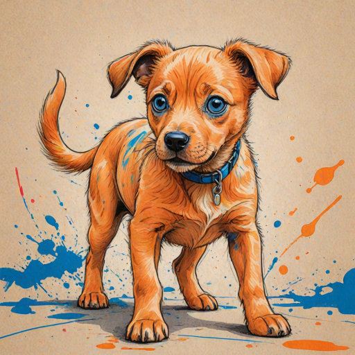 A vibrant childs coloured pencil drawn illustration of a bright orange dog with large, expressive blue eyes, a very cute style. The dog appears to be walking towards the viewer, surrounded by an abstract splash of colors and fine black lines, giving the image a dynamic and artistic flair. The background is a soft beige, highlighting the cat's vivid coloration and playful demeanor. Naively drawn scratchy line style.