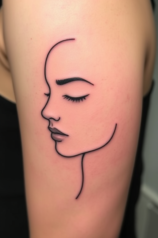 Minimalist single-line tattoo tracing the silhouette of a face in continuous motion, incorporating negative space and strategic line breaks to create a dynamic, abstract portrait