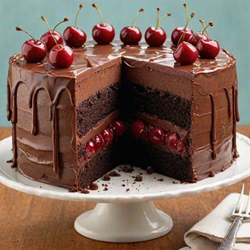 Create an image of a layered chocolate cake with cherries on top. The cake should have a rich chocolate frosting, with a slice cut out to reveal its layers. The background should be a soft pastel color, enhancing the cake's appeal.