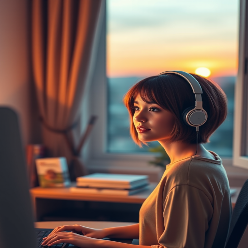 A young woman with short brown hair wearing headphones, sitting at a desk with a computer in a cozy room, natural light streaming in from a window with a sunset view, f/2.8, 50mm lens, ISO 200, soft focus background, digital art style.