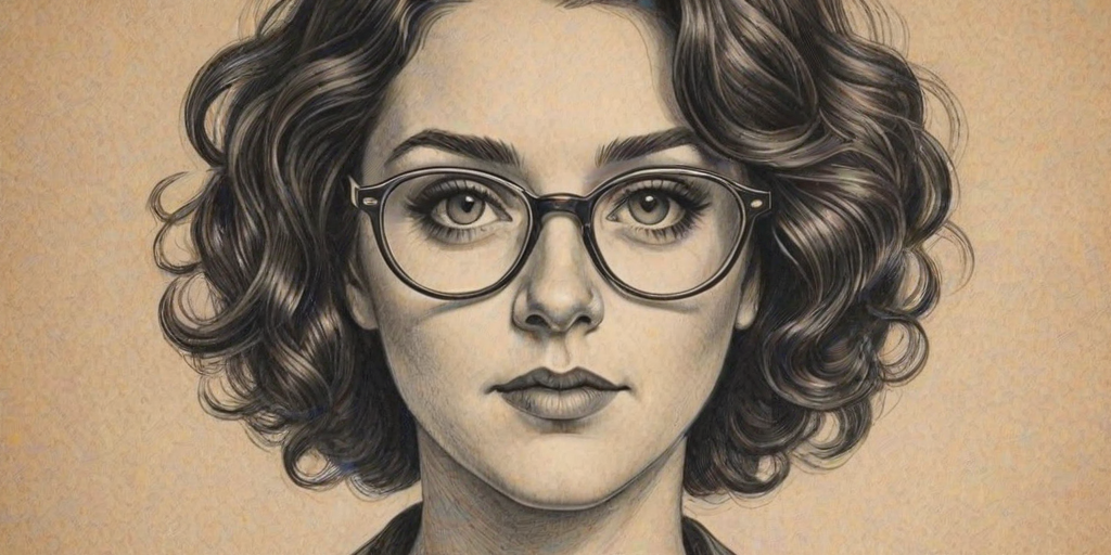 Attractive Ashley McBryde, pencil sketch, portrait of Bewitching woman 1925s in glasses, hair style beatnik, outline, clear lines, fine lines, 8k