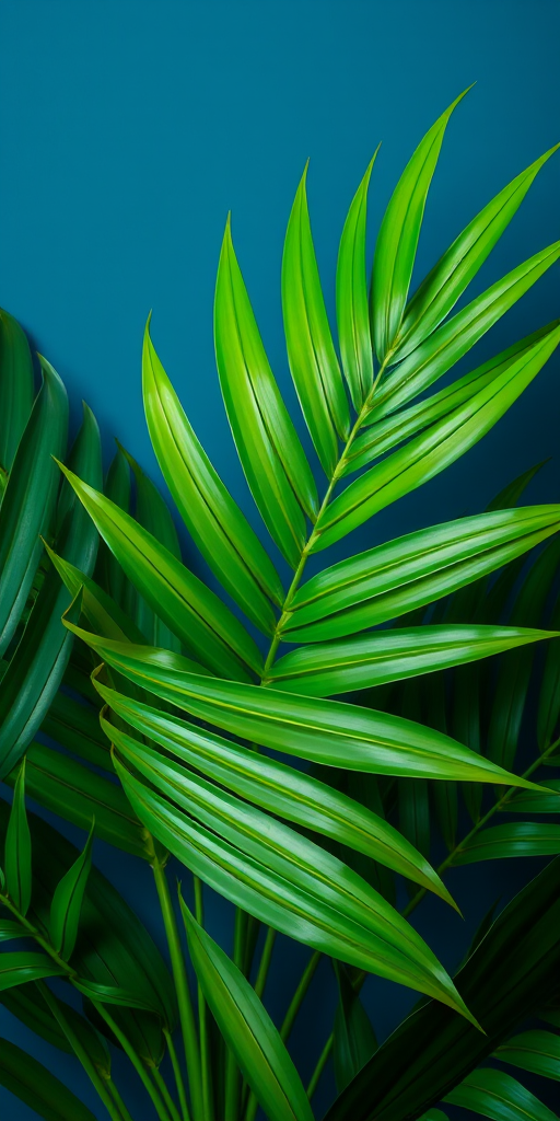 create a close-up composition of vibrant green and teal tropical leaves against a deep blue background