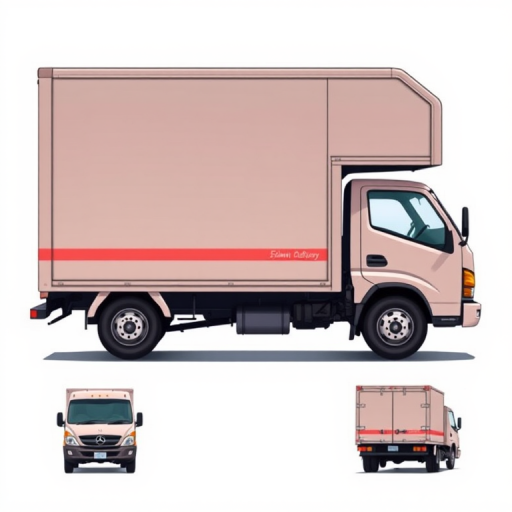 Create a detailed illustration of a delivery truck showing front, side, and rear views with high contrast lines, using a 50mm lens, f/8 aperture for sharpness, and a white background for clarity, rendered in a digital art style for enhanced quality.