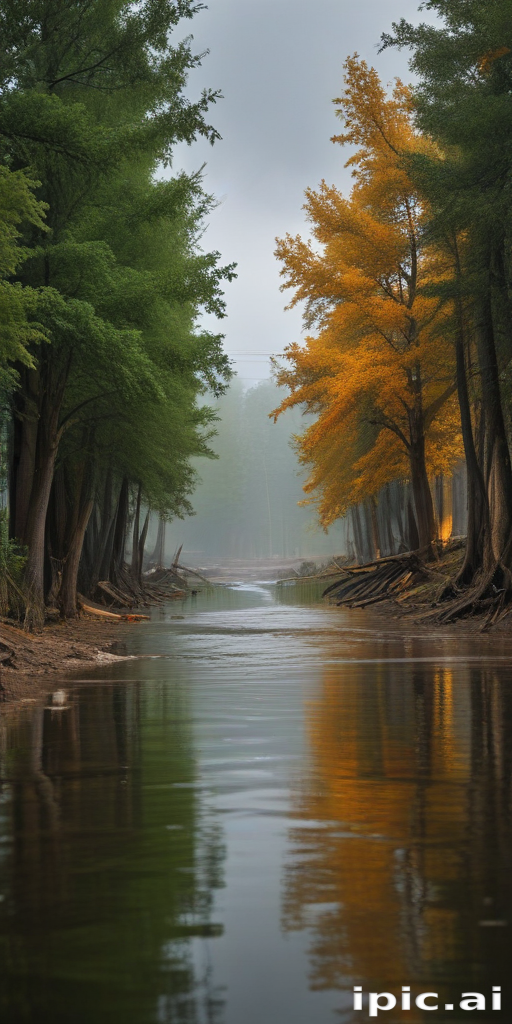 Tranquil Autumn Reflection: A Serene River Flanked by Colorful Trees