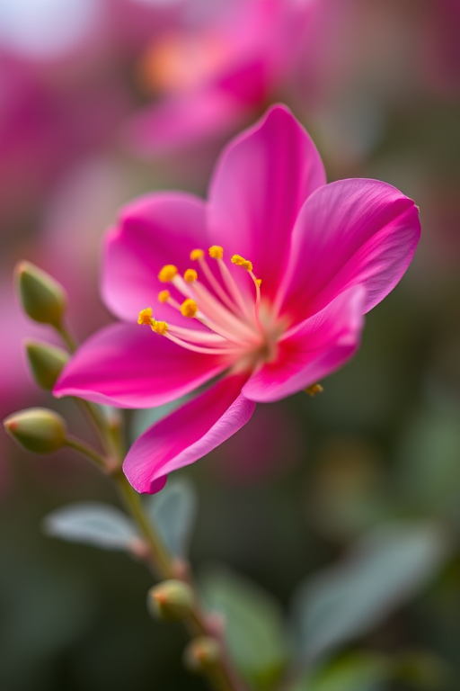 macro photograph of a vibrant pink flower with yellow stamen and green buds in soft focus background, f/2.8 aperture, 50mm lens, ISO 100, natural light, shallow depth of field, DSLR camera