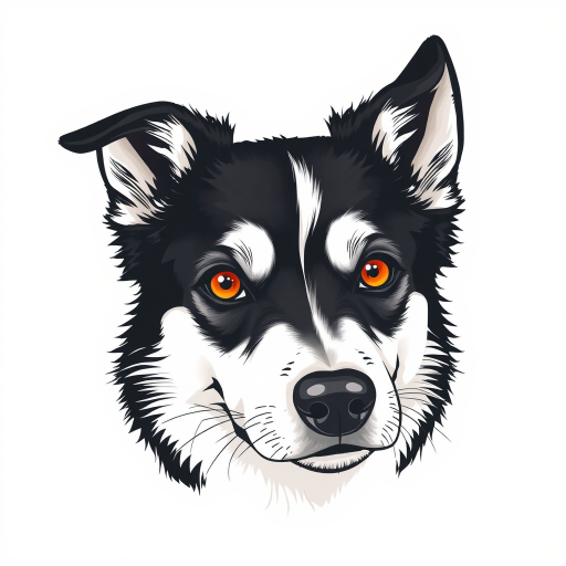 Create a detailed illustration of a black and white dog with striking amber eyes. The dog's face should be prominent and expressive, featuring a mix of fur textures. The background should be a soft, neutral color to enhance the dog's features. The overall style should be bold and graphic, emphasizing the dog's unique characteristics.
