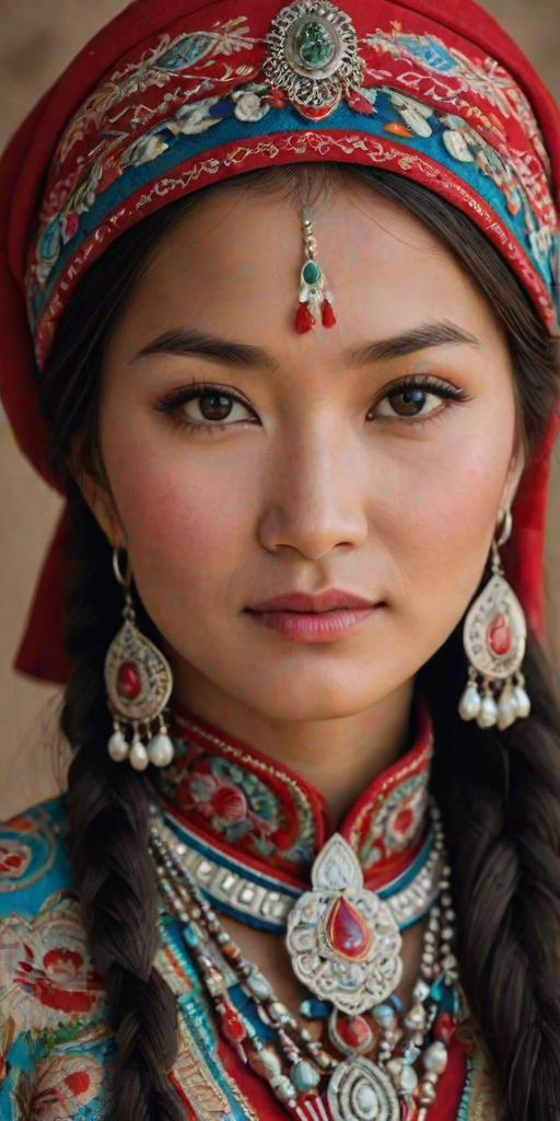 Create a portrait of a beautiful Kyrgyz woman with striking red eyes and a gentle expression. She is adorned in traditional attire with intricate patterns, including a richly embroidered headscarf and matching garments. Her jewelry includes a delicate headpiece, dangling earrings, and ornate bracelets, all featuring vibrant gemstones and detailed metalwork. The background is soft and warm, enhancing the rich colors of her outfit and jewelry.