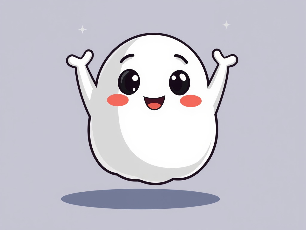 Create a cute cartoon ghost character with a simple design featuring a round body and two small arms raised in excitement the ghost should have a happy expression with wide eyes and a small mouth colored in white with a black outline suitable for a playful and cheerful theme