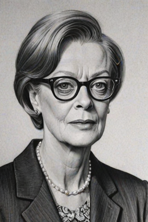 Gorgeous Maggie Smith, pencil sketch, portrait of Splendid woman 1958s in glasses, hair style beatnik, outline, clear lines, fine lines, 8k
