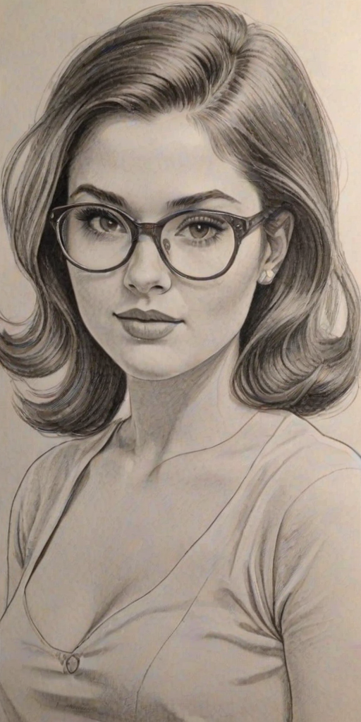 Charming Bella Poarch, pencil sketch, portrait of Enchanting woman 1965s in glasses, hair style beatnik, outline, clear lines, fine lines, 8k