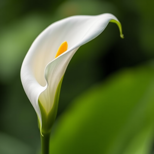Single calla lily flower in soft focus with a blurred green background, shot with a Canon EOS 5D Mark IV, 85mm lens, aperture f/2.8, ISO 200, natural lighting, shallow depth of field.
