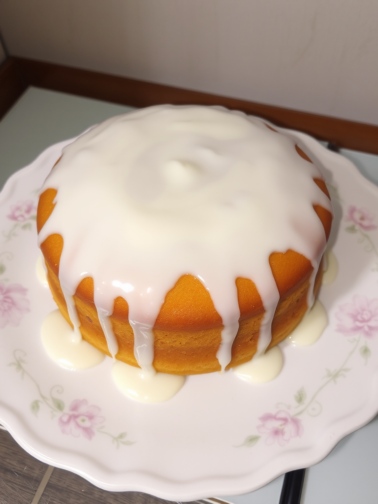 A round cake with a smooth golden-brown surface topped with a thick white icing that drips down the sides, displayed on a decorative white plate with floral patterns.