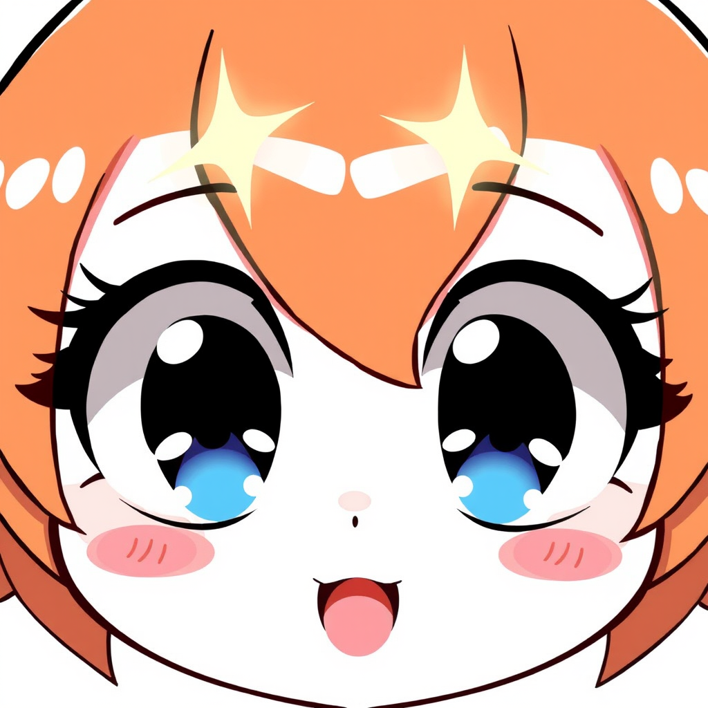 Create an illustration of a cute anime face with large, sparkling eyes featuring orange highlights. The face should have rosy cheeks and convey a joyful, lively expression. The style should be bright and cheerful, capturing the essence of kawaii art.