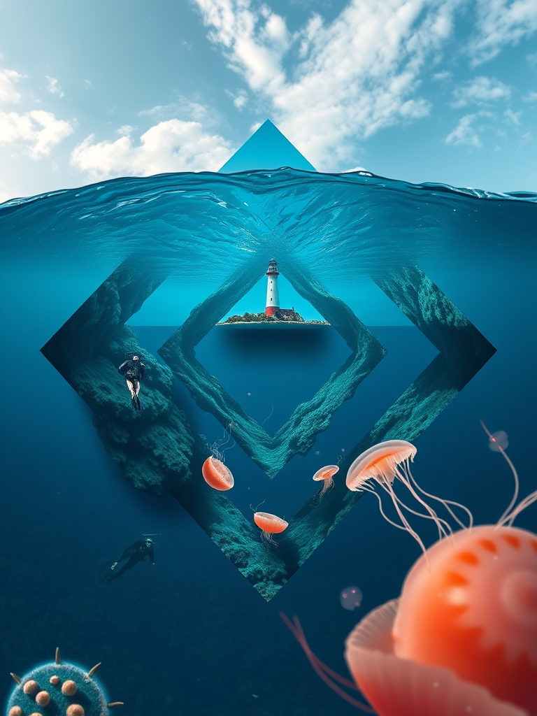 Create a surreal image of a multi-dimensional geometric shape merging with an ocean scene featuring a lighthouse, jellyfish, and a diver, captured with a Canon EOS R5 at f/8, ISO 100, 1/200s, wide-angle lens from a low angle with soft natural lighting for enhanced clarity and depth.