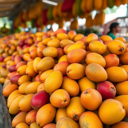 Capture a vibrant market scene featuring a large pile of ripe mangoes, shot with a Canon EOS R5, 50mm lens, f/1.8 aperture, ISO 200, natural lighting, shallow depth of field for a blurred background, and a focus on the texture and color of the mangoes.