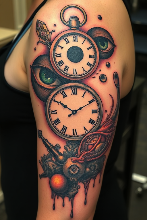 Surrealist tattoo titled "Dreamweaver's Vision" depicting melting clocks, floating eyes, and impossible structures inspired by Salvador Dali's artwork