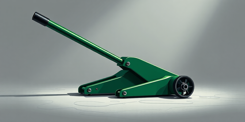Create a detailed illustration of a green hydraulic jack with a long handle in a realistic studio lighting setup, using a DSLR camera with a 50mm lens at f/2.8, ISO 100, and a shutter speed of 1/125s, captured from a low angle to emphasize perspective.