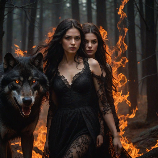 A woman with long dark hair, wearing a black lace dress that seamlessly blends into her skin with intricate floral patterns. She is in the foreground, with a black wolf beside her; its fur is midnight black, and it has glowing, intense, orange eyes that match hers. Her eyes are partially closed with burning embers above them, giving a fiery and mystical aura. The background is engulfed in tall, roaring flames, contributing to an overall dark and supernatural atmosphere. The colors are intense, predominantly black, fiery orange, and deep reds, with sharp contrast highlighting the mysterious and fierce theme. The flames are bright and dynamic, casting dramatic light and shadow, illuminating the woman and wolf while leaving parts in near darkness. The image evokes a sense of otherworldly power and connection between the woman and the wolf.