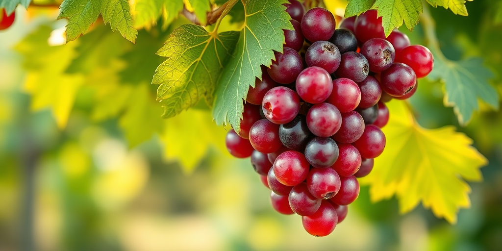 Create a highly detailed and vibrant illustration of a bunch of red grapes hanging from a vine, with realistic green leaves, use a macro lens with an aperture of f/2.8, ISO 100, shot from a slightly elevated angle to capture texture and depth, utilizing soft natural light for enhanced color saturation and clarity.