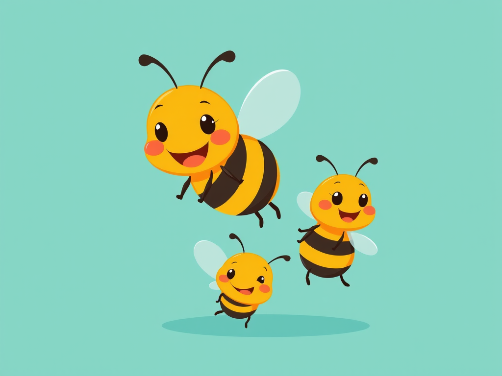 Create a vibrant, cartoon-style illustration of three playful bees on a solid teal background, using a Canon EOS R5 with a 50mm f/1.2 lens, aperture set at f/2.8, ISO 100, and a shallow depth of field for a smooth bokeh effect.