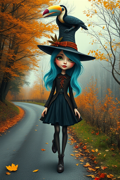 digital art fantasy depicting a strange girl with cyan hair, long eyelashes, orange lipstick and a tall hat walking along a winding road on an autumn afternoon, an Toucan smiles as she passes