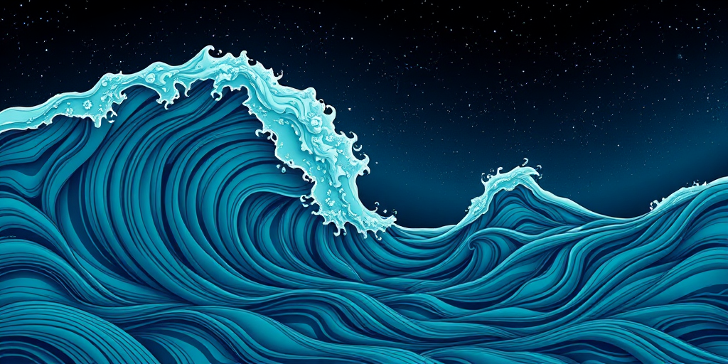 Regenerate an abstract illustration of swirling ocean waves in shades of teal and turquoise, with intricate line patterns, night sky with stars above, using a DSLR camera with a 50mm lens, f/1.8 aperture, ISO 100, and a low angle shot for depth.