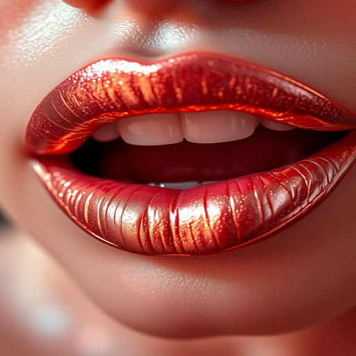 Shimmering rose gold lips with a metallic finish, catching the light and creating a mesmerizing holographic effect, perfect for glamorous occasions